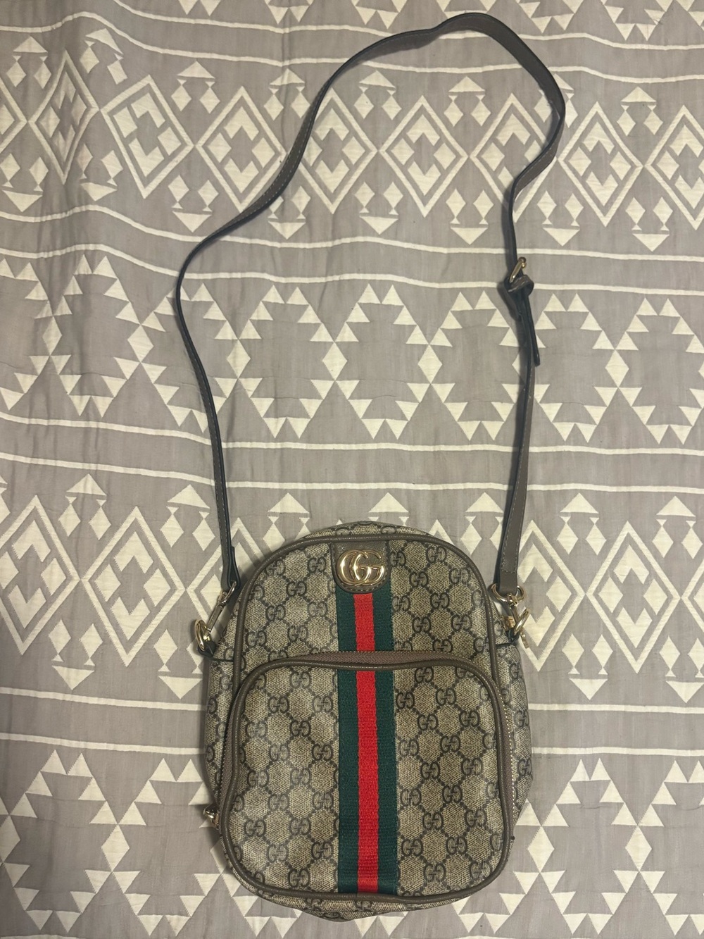 Gucci Beige GG Canvas Crossbody with Green and Red Web Stripe